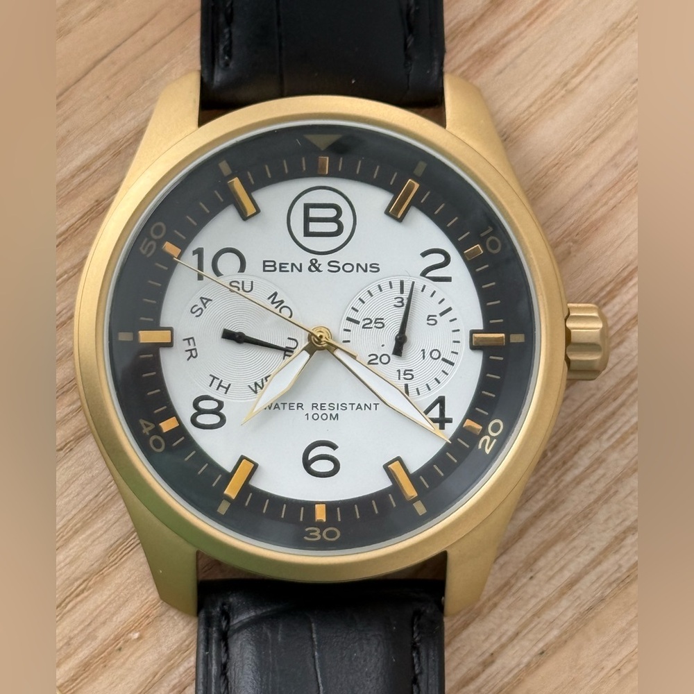 Ben & Sons Marshal Luxury Men’s Watch Gold Case White Dial Black Leather Strap